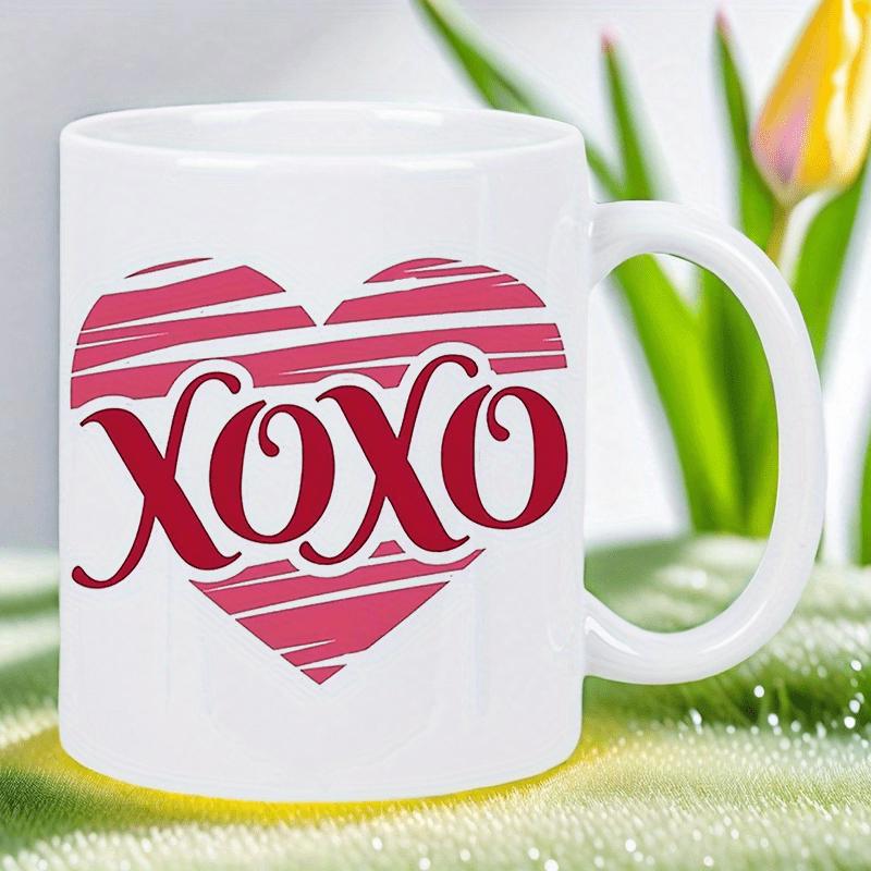 Tailorly White Ceramic 11 oz Mug - Xoxo Radiant Pink Striped Pattern Inside A Classic Red Romantic Symbolic Heart