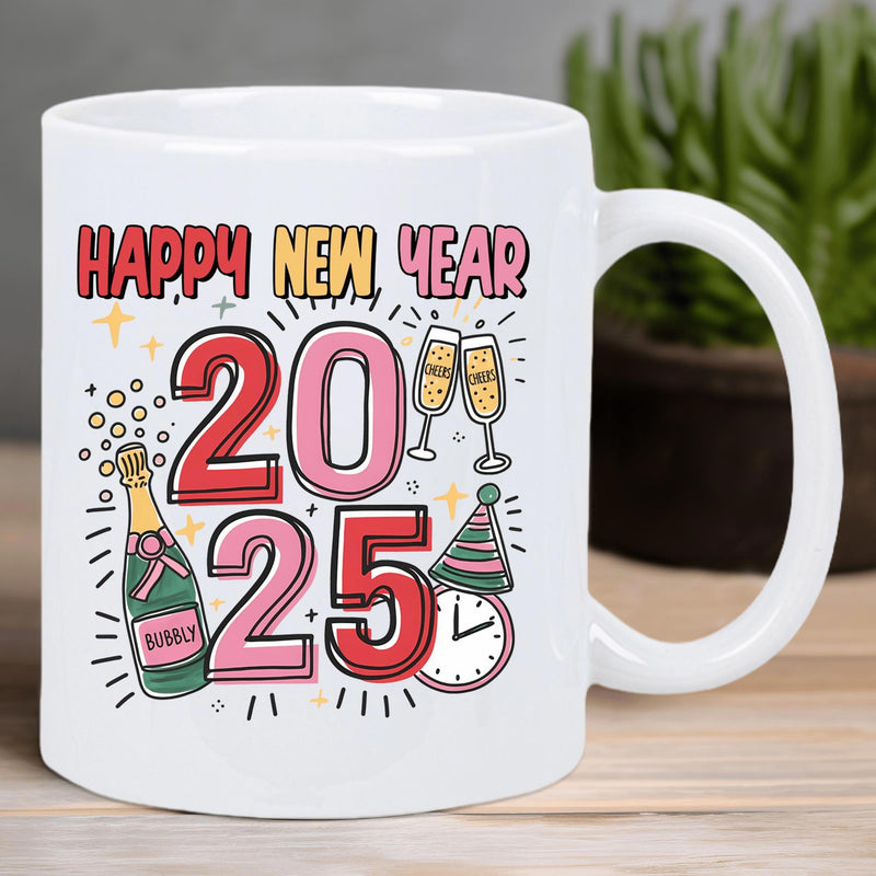 Tailorly White Ceramic 11 oz Mug - Happy New Year 2025 Celebratory Champagne Bottle With Party Hat And Clock Marking Midnight Mug
