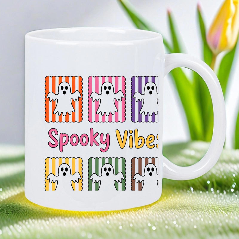 Tailorly White Ceramic 11 oz Mug - Spooky Vibes Friendly Little Spirits Dancing Within Many Different Colored Striped Backgrounds Ghost