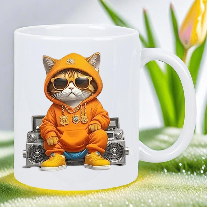 Tailorly White Ceramic 11 oz Mug - Cool Stylized Hip Hop Orange Tabby Cat Wearing Vibrant Hoodie Cat