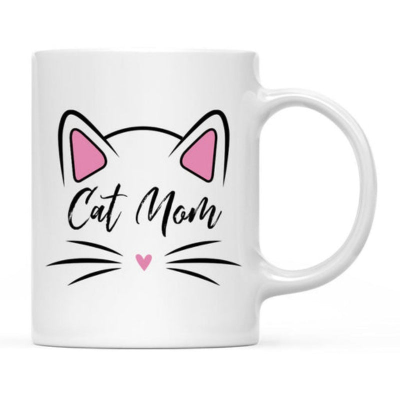 Tailorly White Ceramic 11 oz Mug - Cat Mom Minimalist Style Line Art Featuring Pink Ears And Long Whiskers Cat