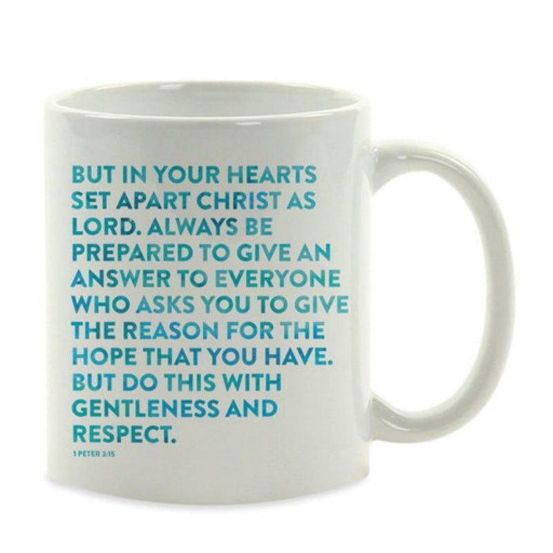 Tailorly White Ceramic 11 oz Mug - But In Your Hearts Set Apart Christ As Lord 1 Peter 3 15 Minimalist Teal Typography Featuring Biblical Scripture From The New