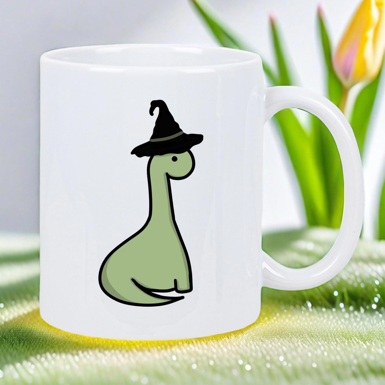 Tailorly White Ceramic 11 oz Mug - Adorable Cartoon Green Brontosaurus Wearing A Pointed Black Witch Hat Dinosaur