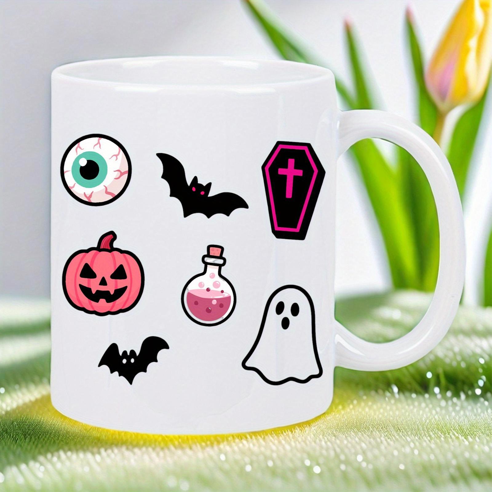 Tailorly White Ceramic 11 oz Mug - Playful Halloween Icons With Pink Pumpkin And Tiny Flying Bats Ghost