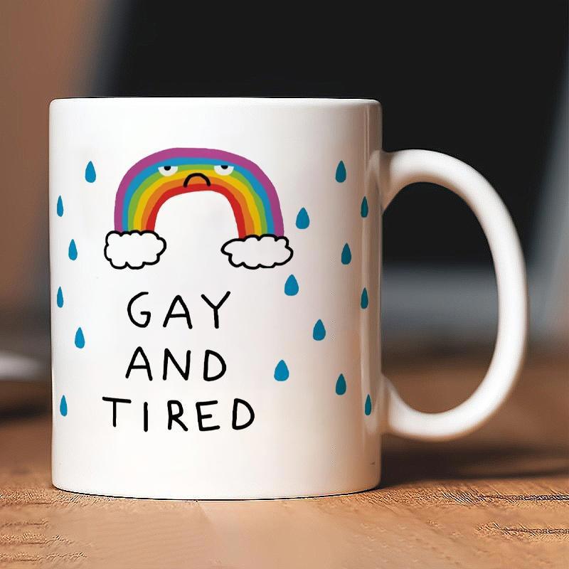 Tailorly White Ceramic 11 oz Mug - Gay And Tired Grumpy Rainbow With Clouds And Falling Blue Raindrops Rainbow