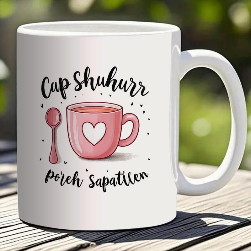 Tailorly White Ceramic 11 oz Mug - Cap Minimalist Pink Ceramic Cup With Heart Detail And Cute Small Spoon Mug