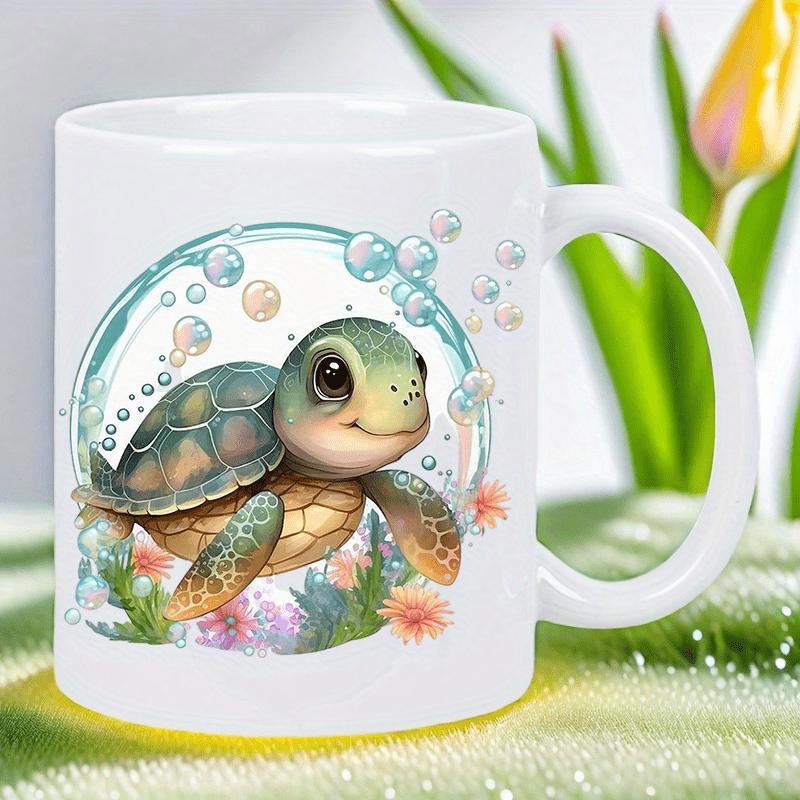 Tailorly White Ceramic 11 oz Mug - Charming Little Sea Turtle Floating Inside Bubbles Under Tropical Ocean Waters Turtle