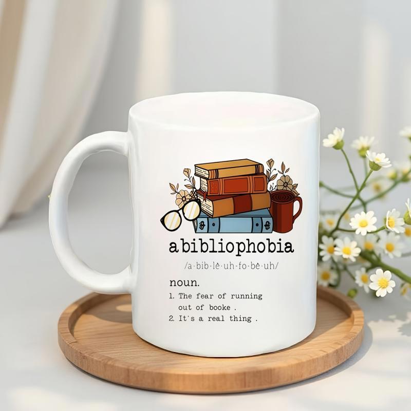 Tailorly White Ceramic 11 oz Mug - Abibliophobia The Fear Of Running Out Of Books Colorful Stacked Literature Beside Vintage Glasses And Small Floral Branches