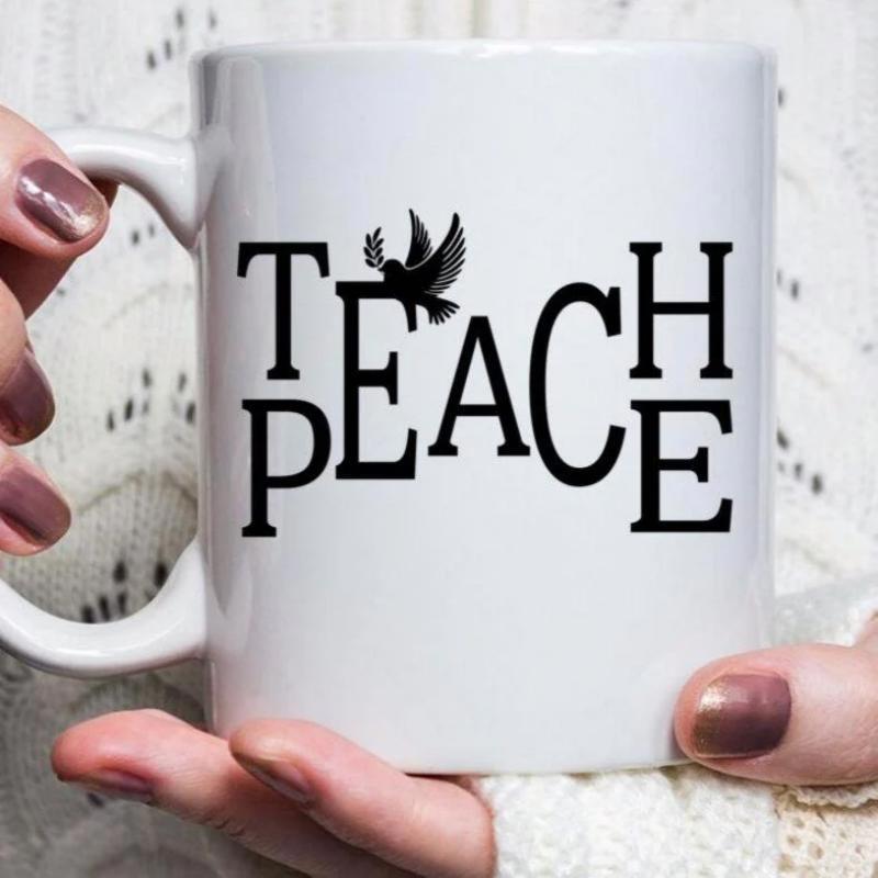 Tailorly White Ceramic 11 oz Mug - Teach Peace Graceful Flying Bird Carrying Small Olive Branch Above Text Dove