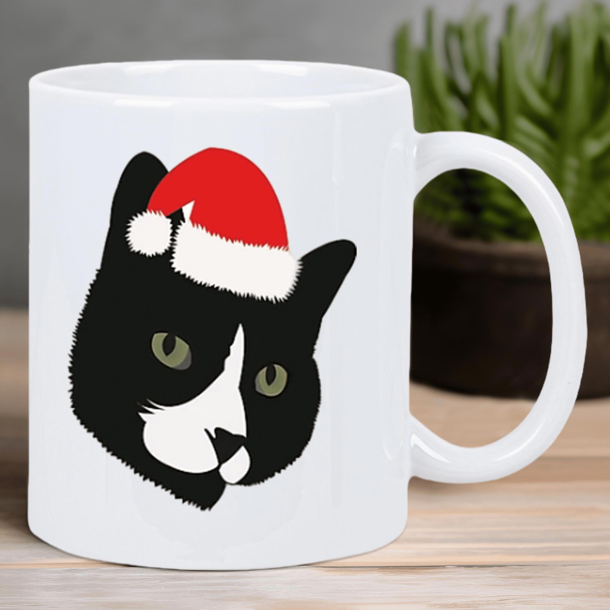 Tailorly White Ceramic 11 oz Mug - Festive Tuxedo Wearing Red Santa Hat Celebrating Christmas Holiday Winter Cat
