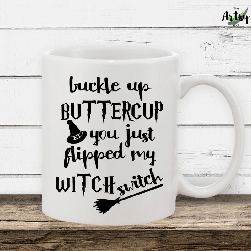 Tailorly White Ceramic 11 oz Mug - Buckle Up Buttercup You Just Flipped My Witch Switch Spooky Halloween Theme Featuring Hand Drawn Style Icons And Whimsical