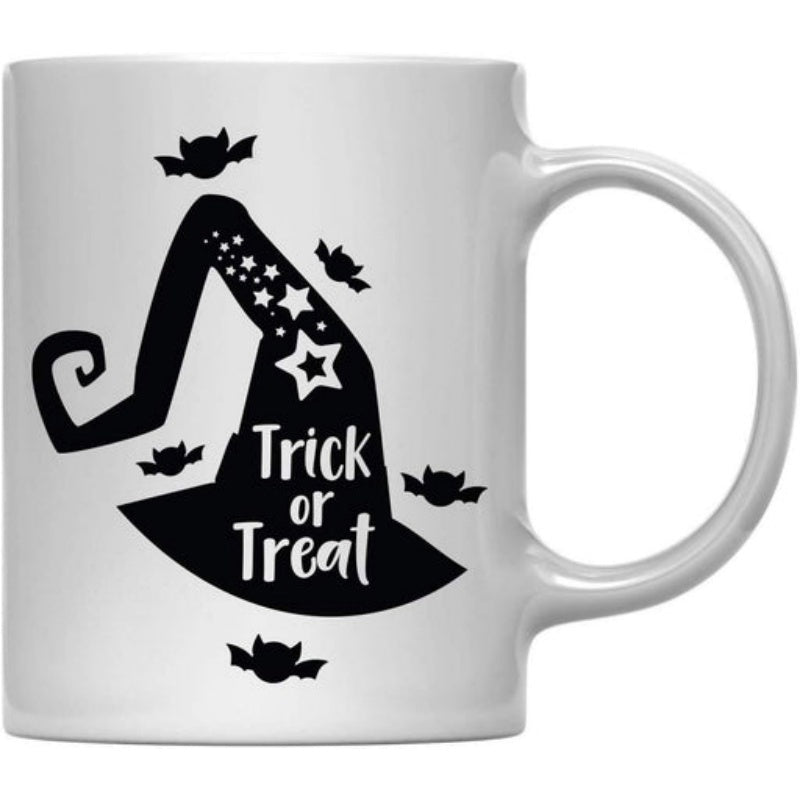 Tailorly White Ceramic 11 oz Mug - Trick Or Treat Spooky Halloween Silhouette With Flying Bats And Magic Stars Witch Hat