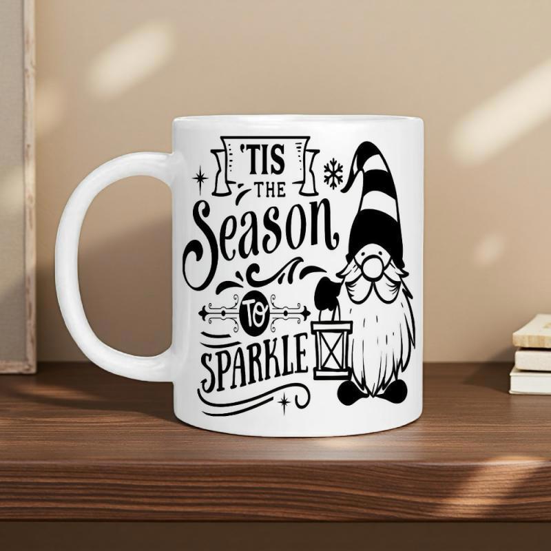 Tailorly White Ceramic 11 oz Mug - Tis The Season To Sparkle Festive Holiday Character Holding A Lantern With Striped Pointy Hat Gnome
