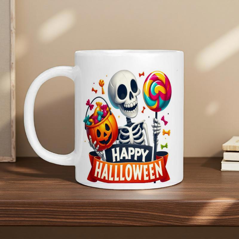Tailorly White Ceramic 11 oz Mug - Happy Halloween Cartoon Skeleton Holding Colorful Lollipop And Pumpkin Bucket Full Of Candies Skeleton