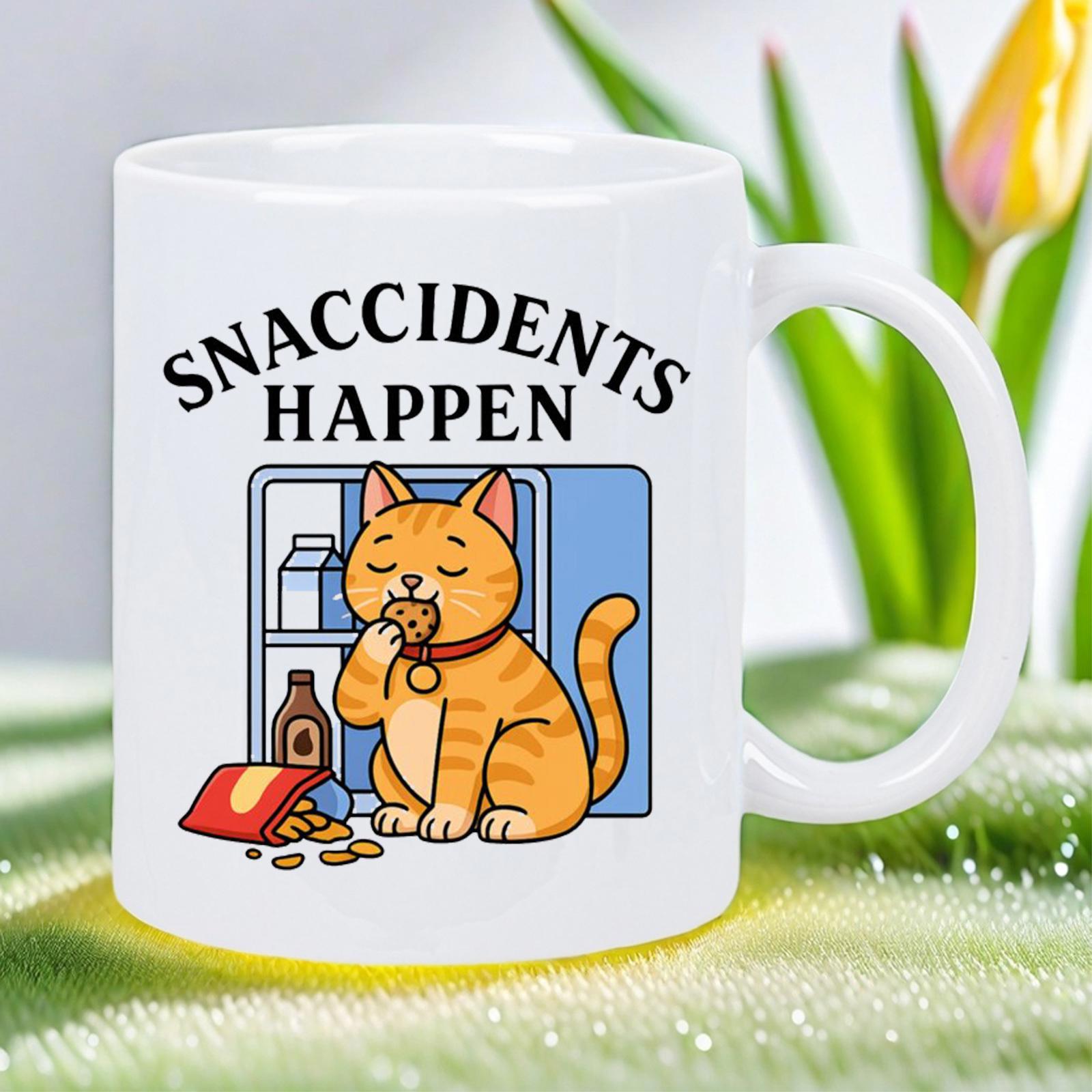 Tailorly White Ceramic 11 oz Mug - Snaccidents Happen Chubby Orange Tabby Cat Eating Cookies Beside An Open Refrigerator Cat
