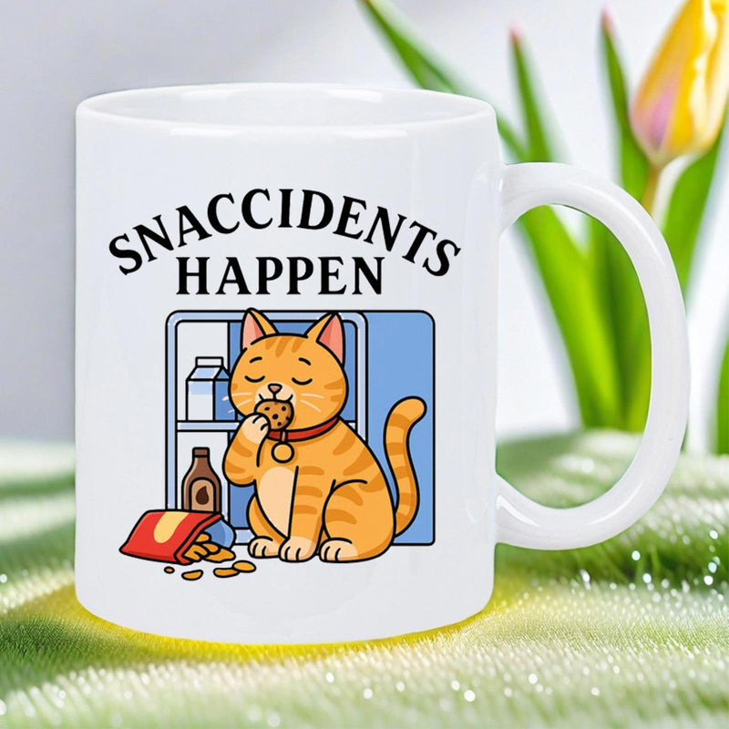 Tailorly White Ceramic 11 oz Mug - Snaccidents Happen Chubby Orange Tabby Cat Eating Cookies Beside An Open Refrigerator Cat