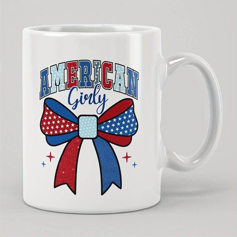 Tailorly White Ceramic 11 oz Mug - American Girly Patriotic Themed Bow Tie Featuring Stars And Stripes Pattern With Sparkles Bow