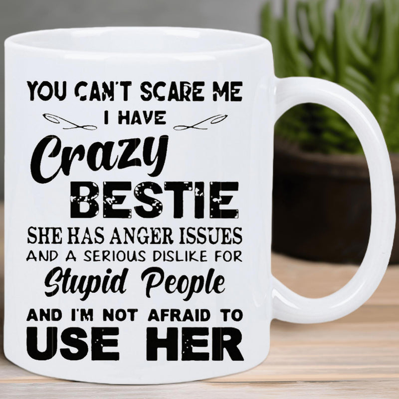 Tailorly White Ceramic 11 oz Mug - You Can't Scare Me I Have Crazy Bestie She Has Anger Issues And A Serious Dislike For Stupid People And I'm Not Afraid To Use