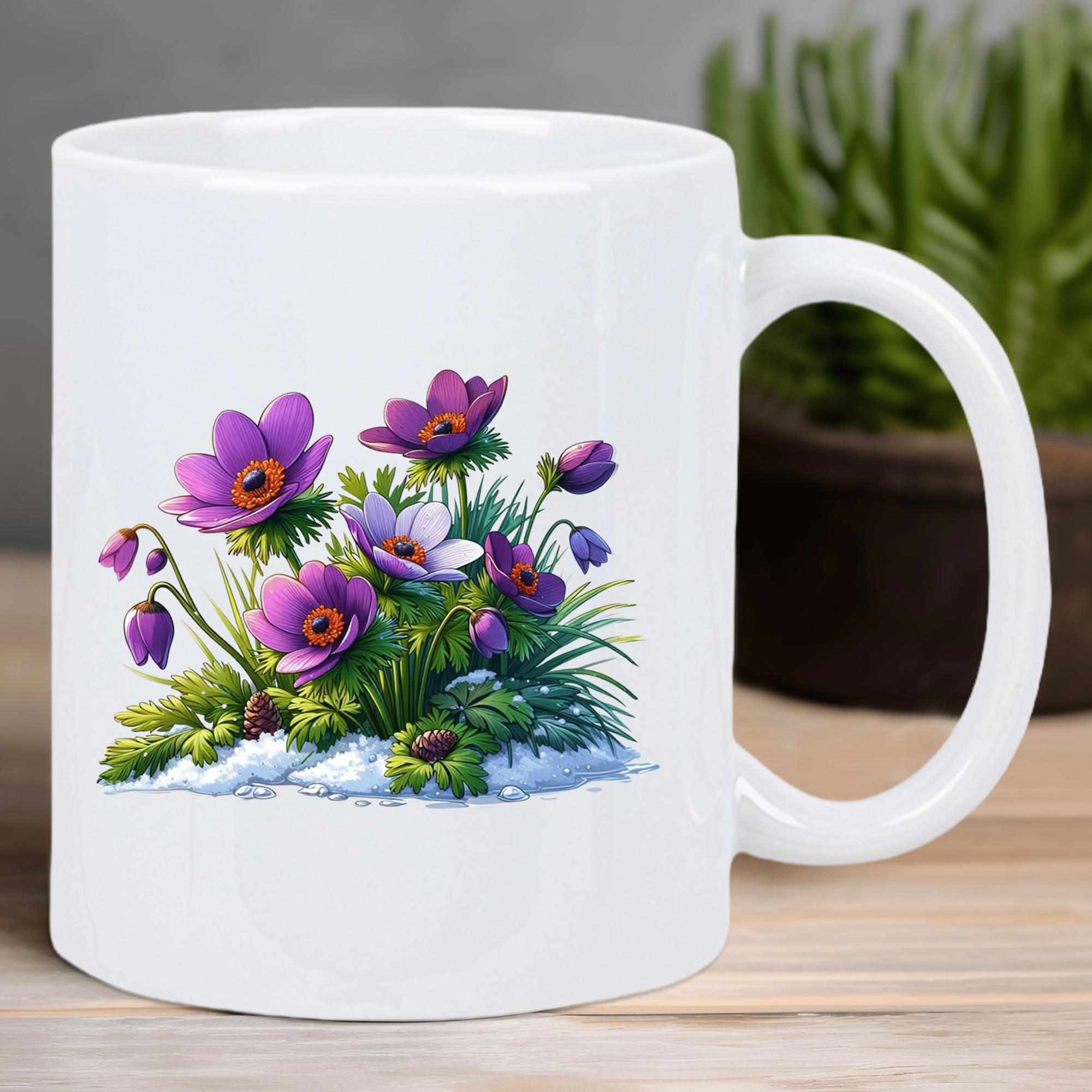 Tailorly White Ceramic 11 oz Mug - Beautiful Purple Pasque Flowers Blooming Among Green Grass And White Snow Flower
