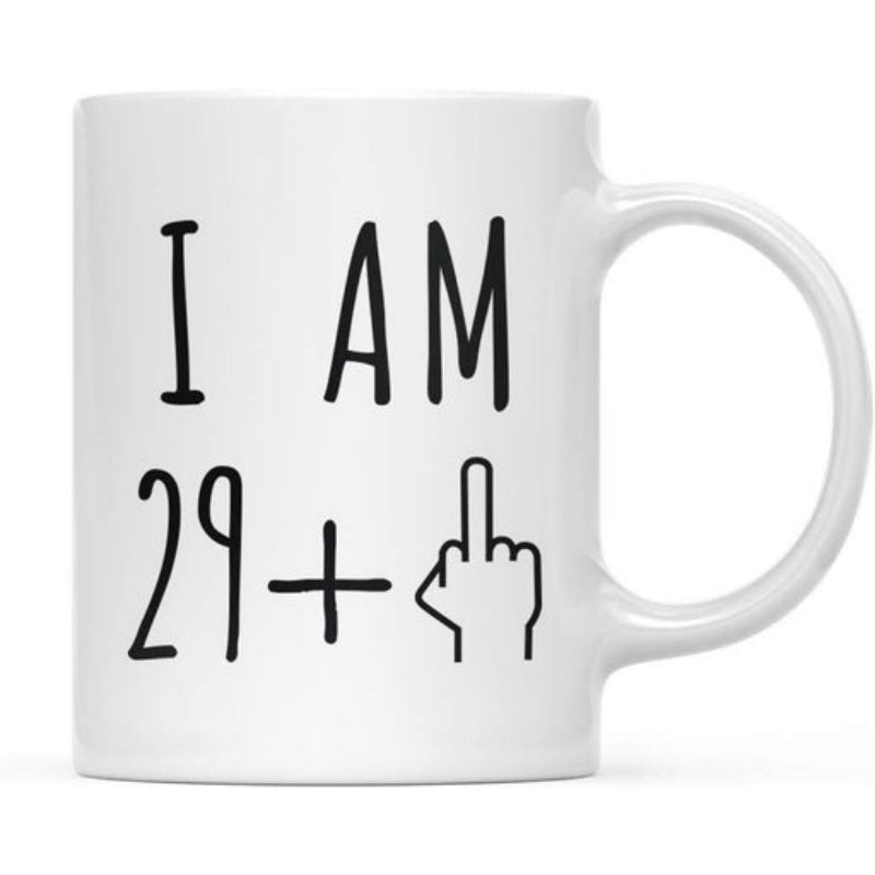 Tailorly White Ceramic 11 oz Mug - I Am 29 Minimalist Hand Drawn Black Outline Showing A Rude Middle Finger Hand