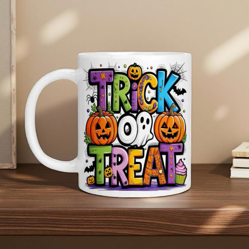 Tailorly White Ceramic 11 oz Mug - Trick Or Treat Vibrant Cartoon Illustration Featuring Smiling Jack O Lanterns And Small Ghost Design