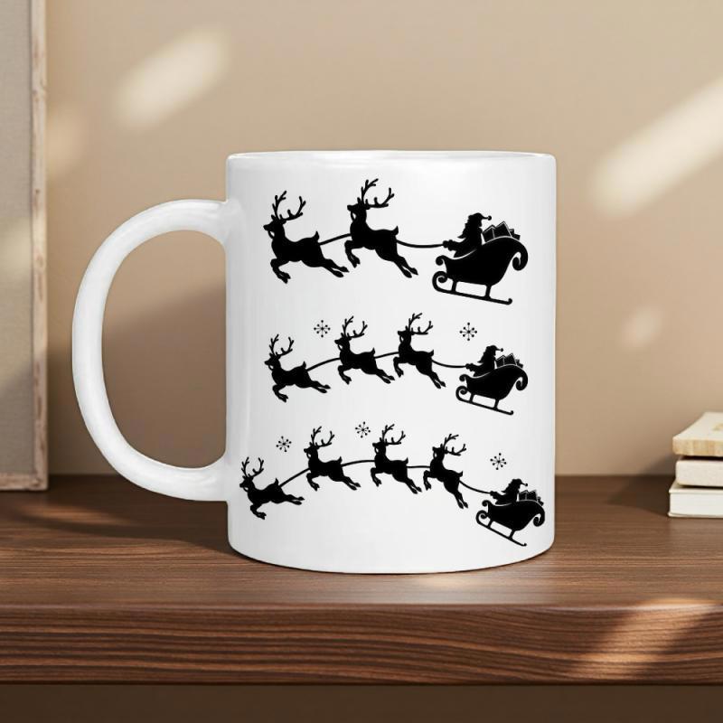 Tailorly White Ceramic 11 oz Mug - Festive Black Silhouette Showing Santa Claus Flying Through The Winter Sky Sleigh