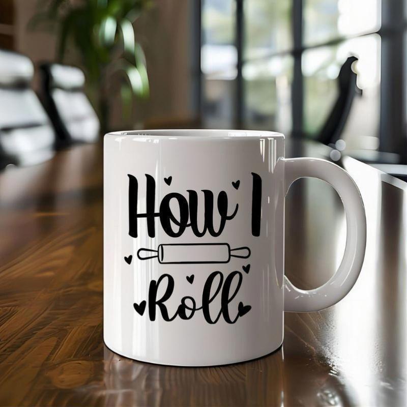 Tailorly White Ceramic 11 oz Mug - How I Roll Minimalist Kitchen Tool With Delicate Little Hearts Pattern Rolling Pin
