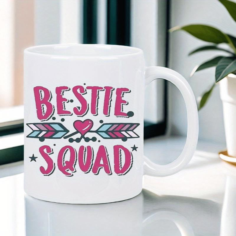 Tailorly White Ceramic 11 oz Mug - Bestie Squad Playful Artistic Text With Patterned Tribal Arrows And Vibrant Center Heart