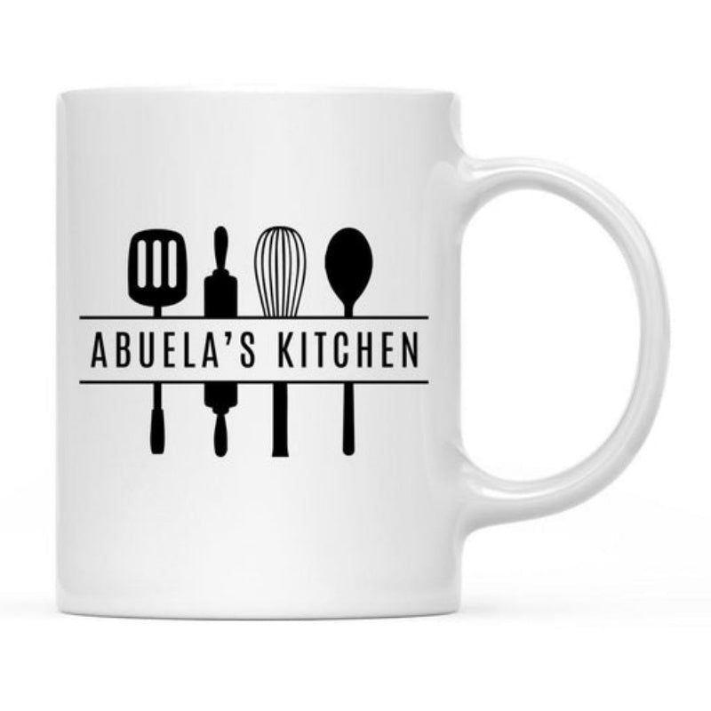 Tailorly White Ceramic 11 oz Mug - Abuelas Kitchen Minimalist Black Kitchen Utensils Silhouette Arranged In A Neat Line Kitchenware