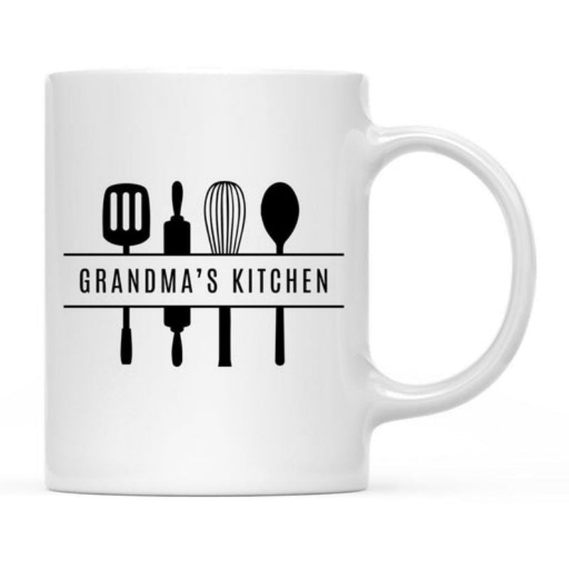 Tailorly White Ceramic 11 oz Mug - Grandmas Kitchen Minimalist Black Silhouettes Of Various Cooking Tools Hanging Over Kitchen Utensil