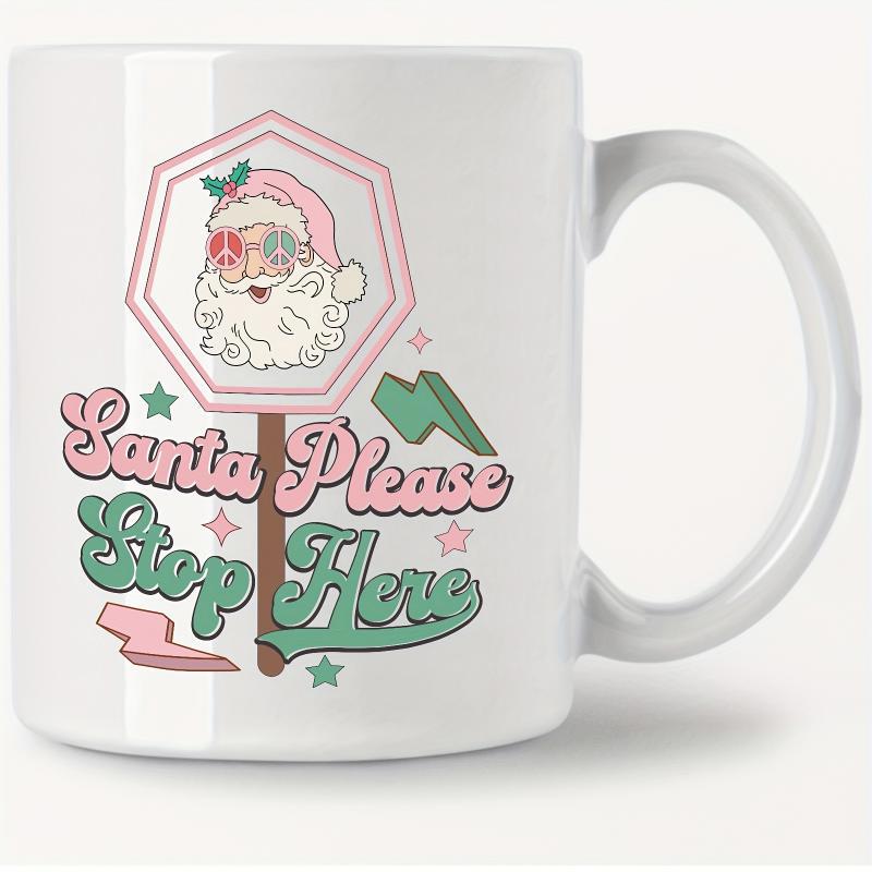 Tailorly White Ceramic 11 oz Mug - Santa Please Stop Here Retro Festive Pink Octagon With Sparkling Stars And Colorful Lightning Bolts Santa