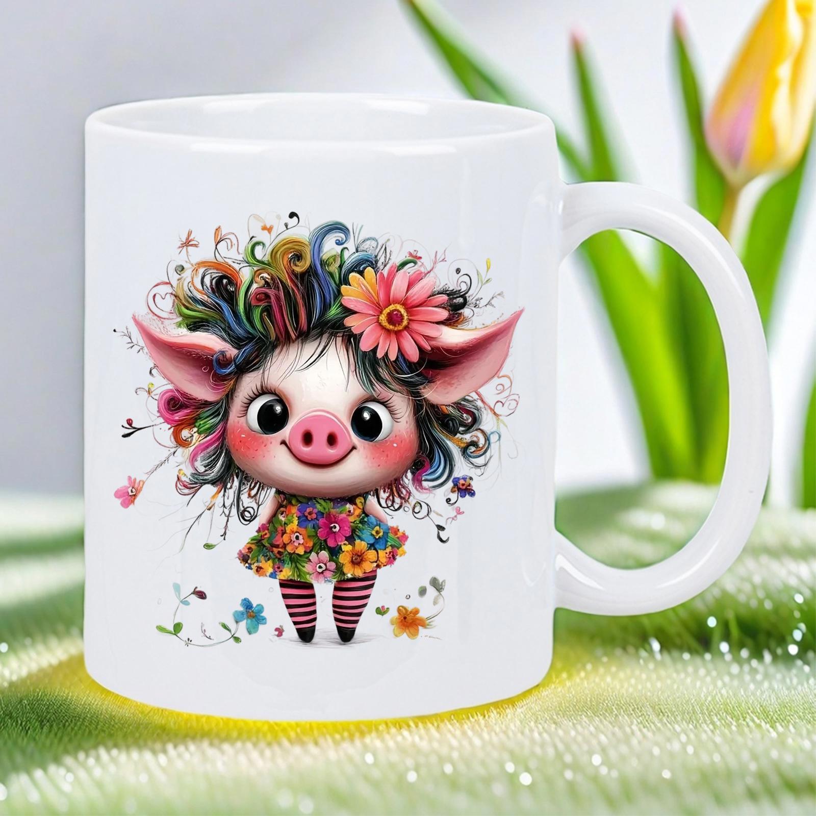 Tailorly White Ceramic 11 oz Mug - Adorable Small Character With Vibrant Hair Wearing Whimsical Floral Dress Pig