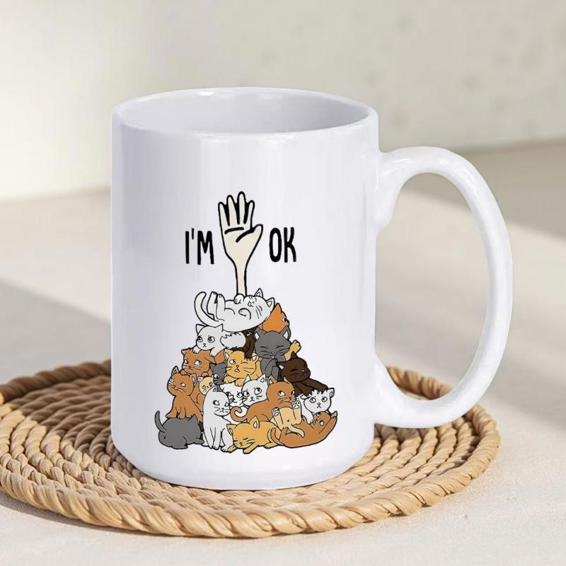 Tailorly White Ceramic 11 oz Mug - I M Ok Whimsical Pile Of Many Tiny Kittens With Hand Reaching Upwards Cat