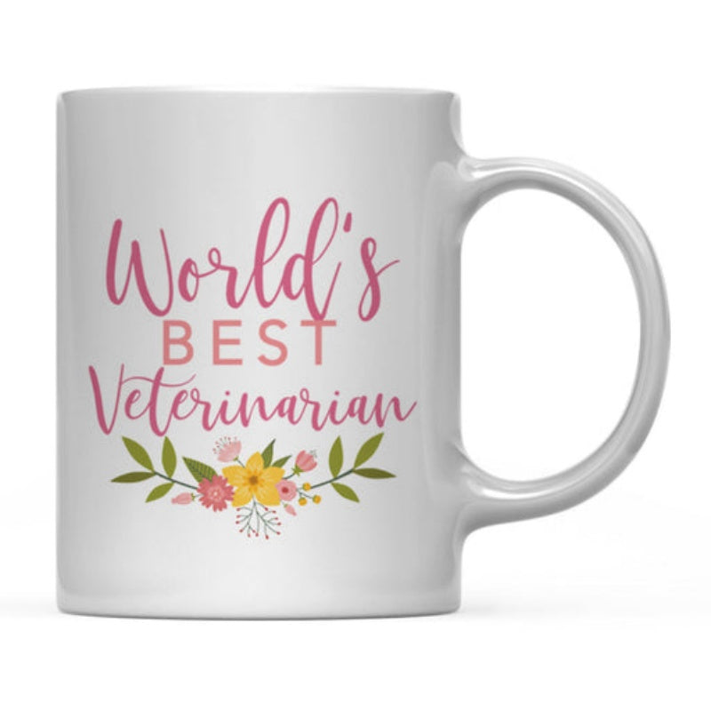 Tailorly White Ceramic 11 oz Mug - World's Best Veterinarian Soft Pink Script Font Above Colorful Watercolor Style Botanical Wreath