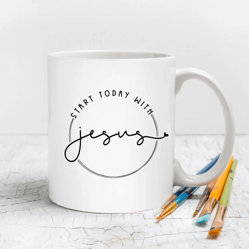 Tailorly White Ceramic 11 oz Mug - Start Today With Jesus Minimalist Circular Frame With Elegant Script Lettering Mug