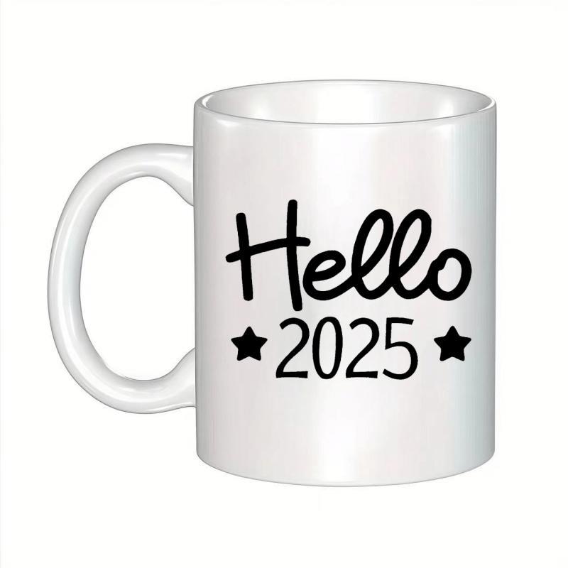 Tailorly White Ceramic 11 oz Mug - Hello 2025 Simple Minimalist Black Script Featuring Two Stars On A Polished