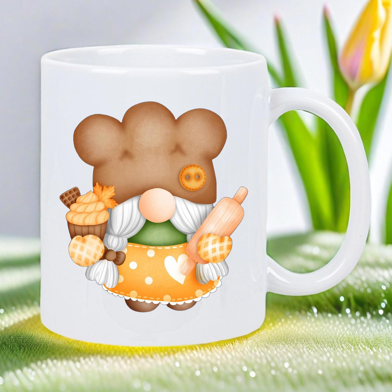 Tailorly White Ceramic 11 oz Mug - Adorable Kitchen Baker With Braids Holding Rolling Pin And Small Cupcake Gnome