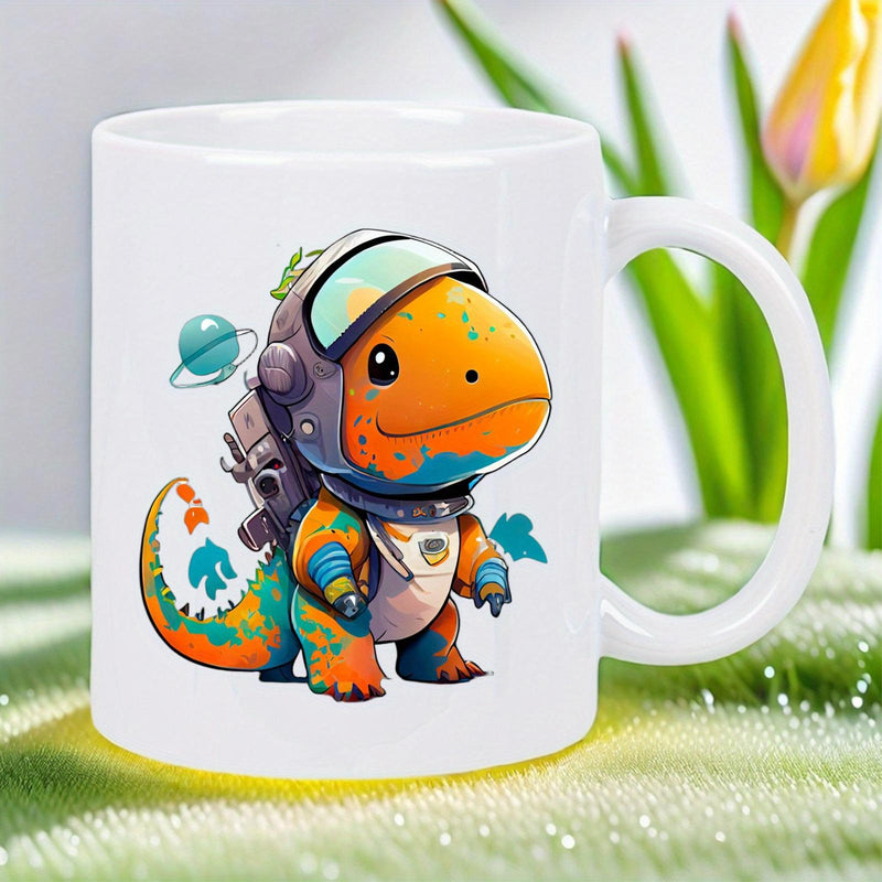 Tailorly White Ceramic 11 oz Mug - Cute Cartoon Orange Dinosaur Wearing Astronaut Suit Among Galactic Space Stars Dinosaur