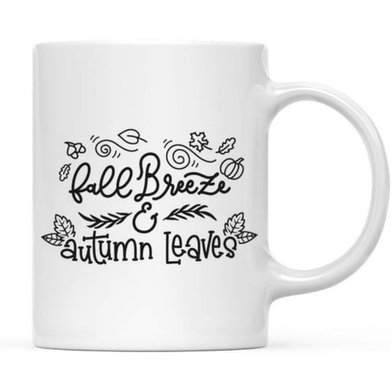 Tailorly White Ceramic 11 oz Mug - Fall Breeze Autumn Leaves Hand Drawn Black Line Art With Falling Foliage And Seasonal Harvest Leaves