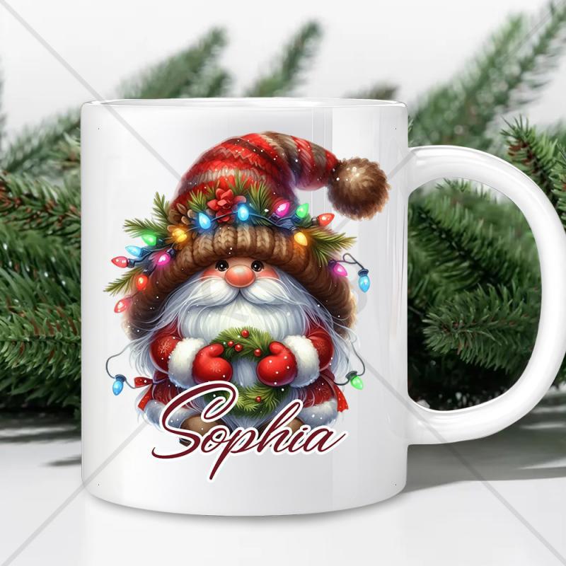 Tailorly White Ceramic 11 oz Mug - Sophia Festive Seasonal Holiday Character Holding A Green Winter Wreath Gnome