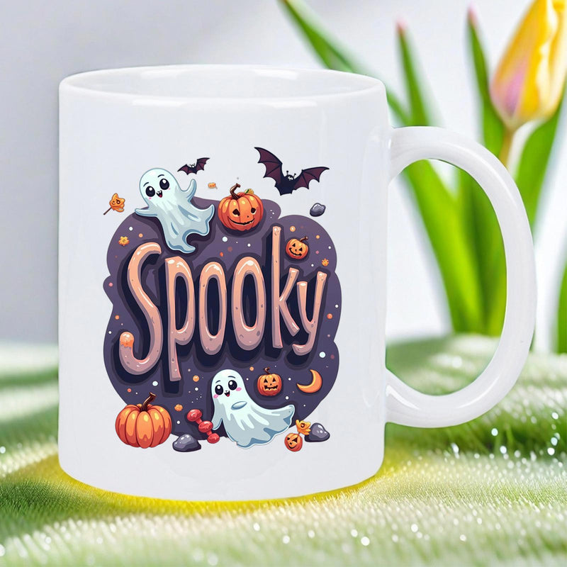 Tailorly White Ceramic 11 oz Mug - Spooky Playful Floating Spirits Among Carved Pumpkins Under Night Bats Ghost