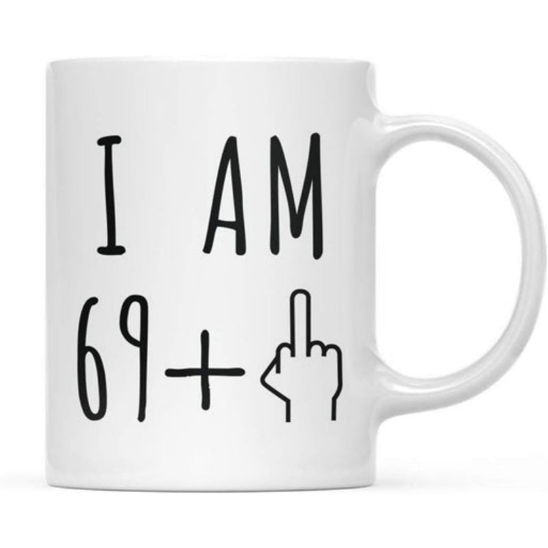 Tailorly White Ceramic 11 oz Mug - I Am 69 Minimalist Black Line Art Depicting A Humorous And Rebellious Hand