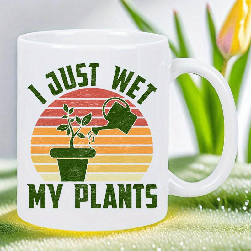 Tailorly White Ceramic 11 oz Mug - I Just Wet My Plants Vintage Striped Retro Sunset Background With Watering Can Pouring On Potted Plant