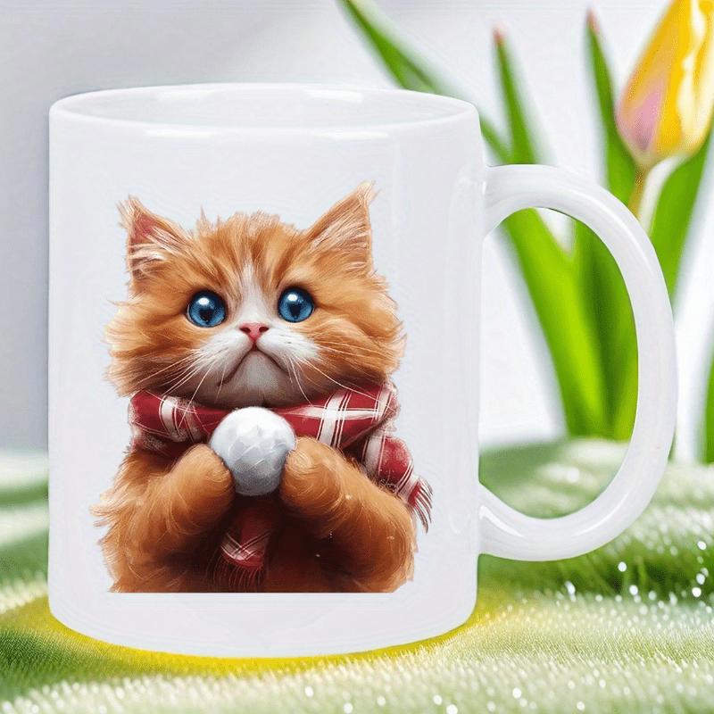 Tailorly White Ceramic 11 oz Mug - Adorable Fluffy Ginger Kitten Wearing Red Scarf While Holding A Snowball Cat