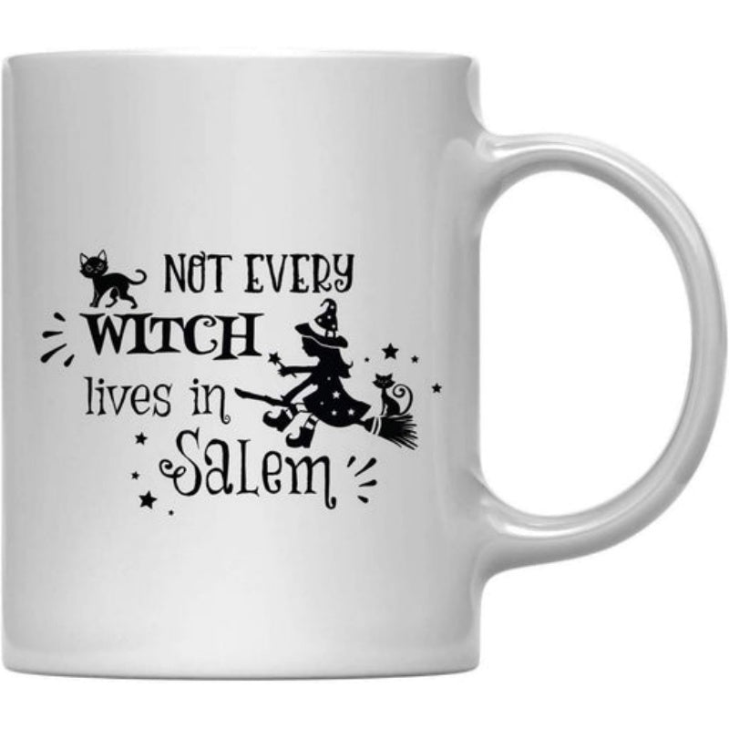 Tailorly White Ceramic 11 oz Mug - Not Every Witch Lives In Salem Silhouette Of A Mystical Flying Figure Among Stars And Cats Witch