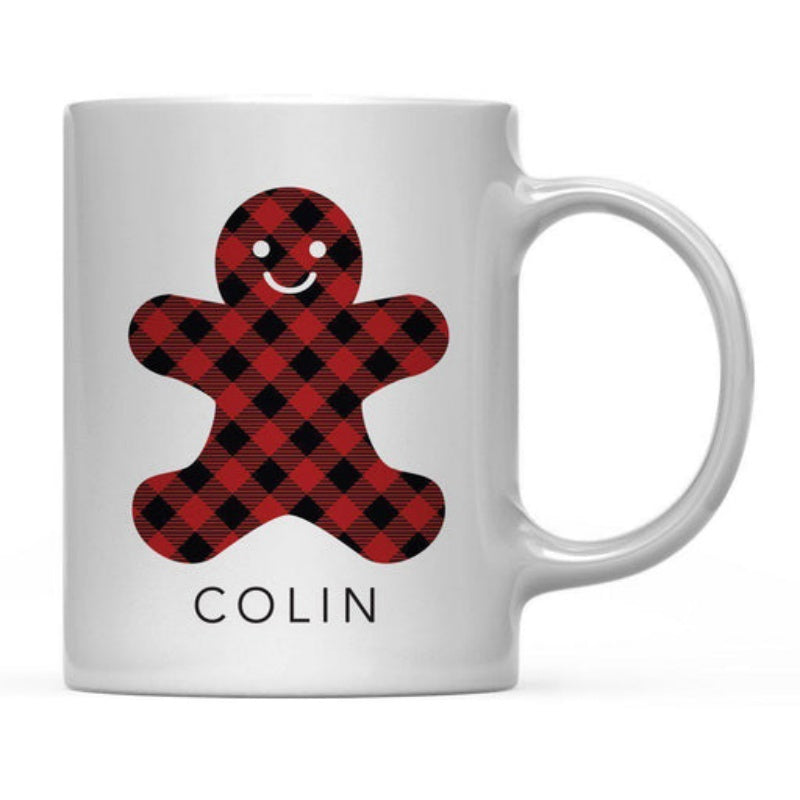 Tailorly White Ceramic 11 oz Mug - Colin Festive Buffalo Plaid Pattern Featuring A Smiling Holiday Season Classic Gingerbread Man
