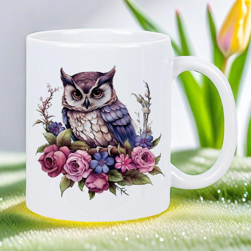 Tailorly White Ceramic 11 oz Mug - Detailed Purple Feathers Perched Upon Vibrant Pink Roses With Delicate Leaves Owl