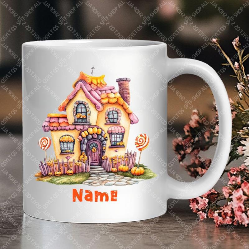 Tailorly White Ceramic 11 oz Mug - Name Whimsical Fairytale Candy Style Featuring Sweet Lollipops And Small Pumpkins House
