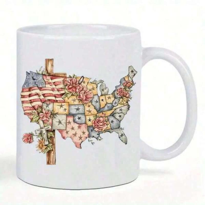 Tailorly White Ceramic 11 oz Mug - Artistic United States Outline Filled With Flowers And Patriotic Flag Map