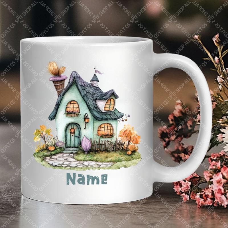 Tailorly White Ceramic 11 oz Mug - Name Whimsical Watercolor Fairy Tale Cottage Nestled Among Golden Autumn Trees House